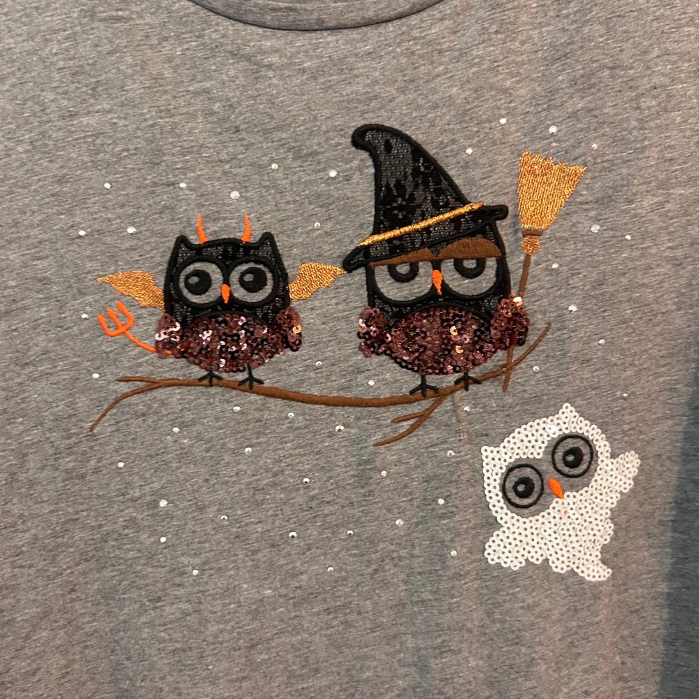 Catherines Halloween Owl Sequin Top 3X Gray 3/4 Sleeve Plus Size Festive Shirt - Picture 3 of 5
